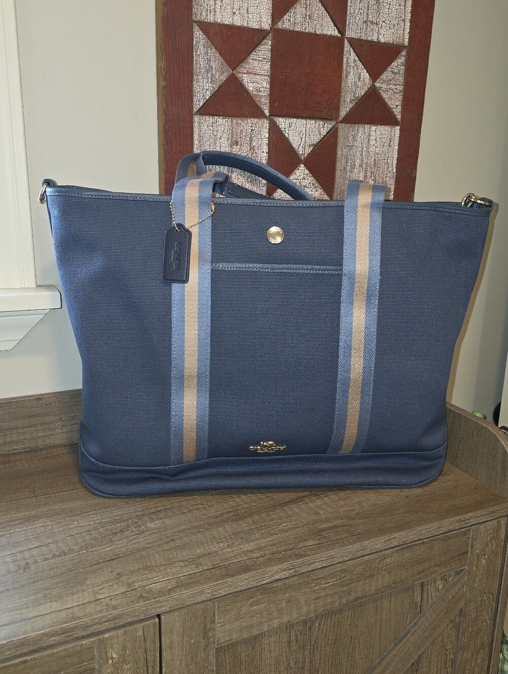 Coach Navy Canvas Weekender Tote with Tan Stripes